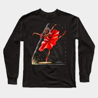 Ballet, African American ballerina in red pointe shoes, dress and crown 2 - ballerina doing pirouette in red tutu and red shoes  - brown skin ballerina Long Sleeve T-Shirt